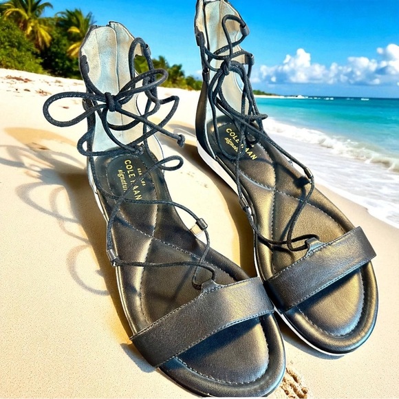 NWOT Cole Haan Grand-OS Black & White Leather Lace-Up Gladiator Sandals Size 5.5 - Picture 3 of 12